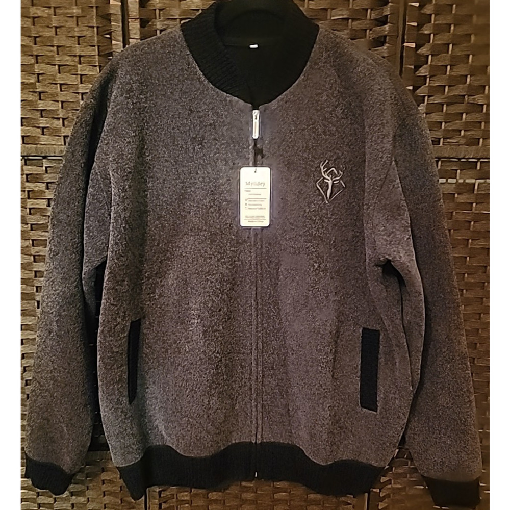 Men’s 2XL Wool Blend Zip-Up Jacket – Deer Embroidery, Ribbed Trim, Warm &...